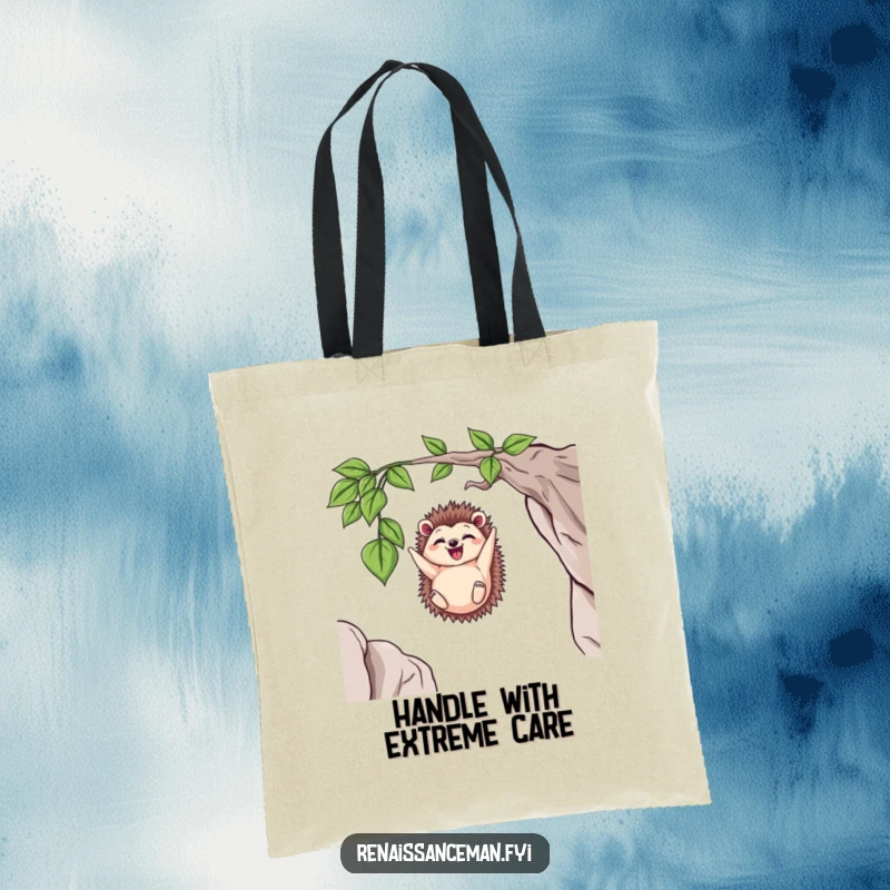 Funny Delighted Hedgehog Dangling from a Vine High Above a Cliff, Humorous Tote Bag for Daily Use.