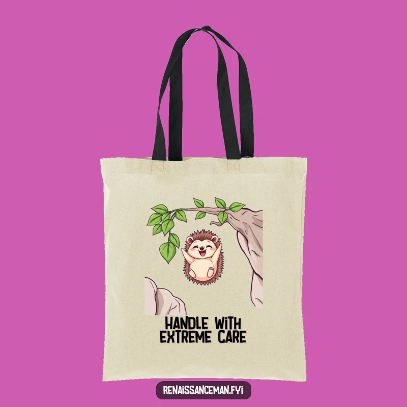 Carry your essentials with a smile using this funny tote bag featuring a delighted hedgehog in a daring pose. Stylish and humorous.