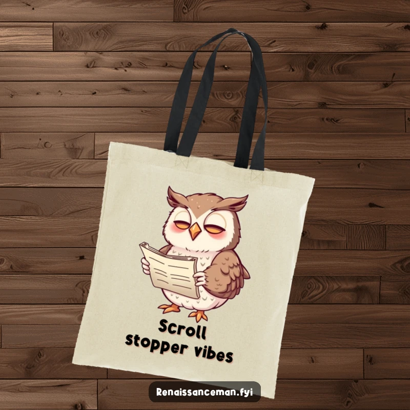 Funny tote bag featuring a giggling owl poet with expressive wings and a scroll, perfect for carrying books and humor.