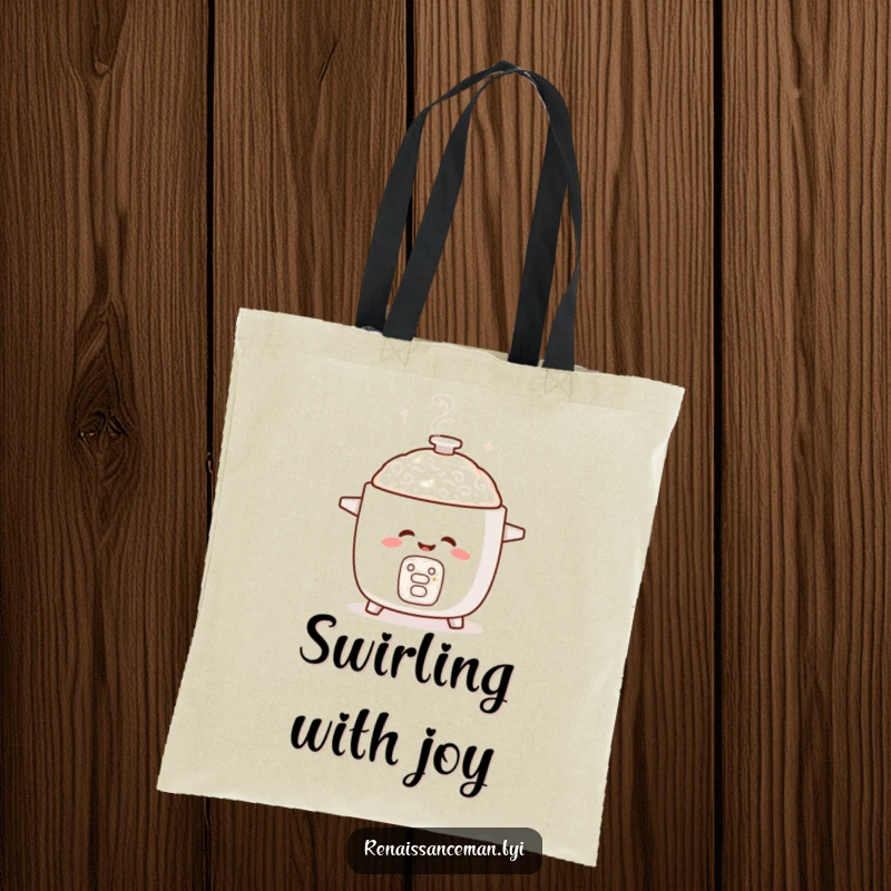 Funny tote bag with a giggling rice cooker and playful steam swirls, perfect for carrying groceries or daily essentials.