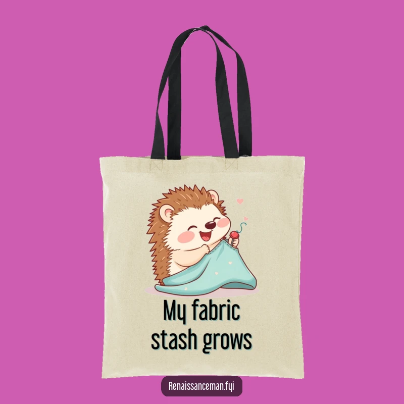 Tote your sewing essentials in style with this funny bag! The adorable hedgehog pinning a pattern brings a smile to every crafting trip.