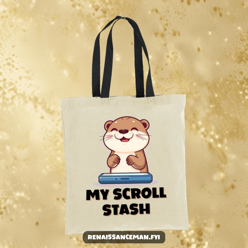 Funny otter tote bag with a happy otter joyfully scrolling on a bright screen, ideal for daily carry.