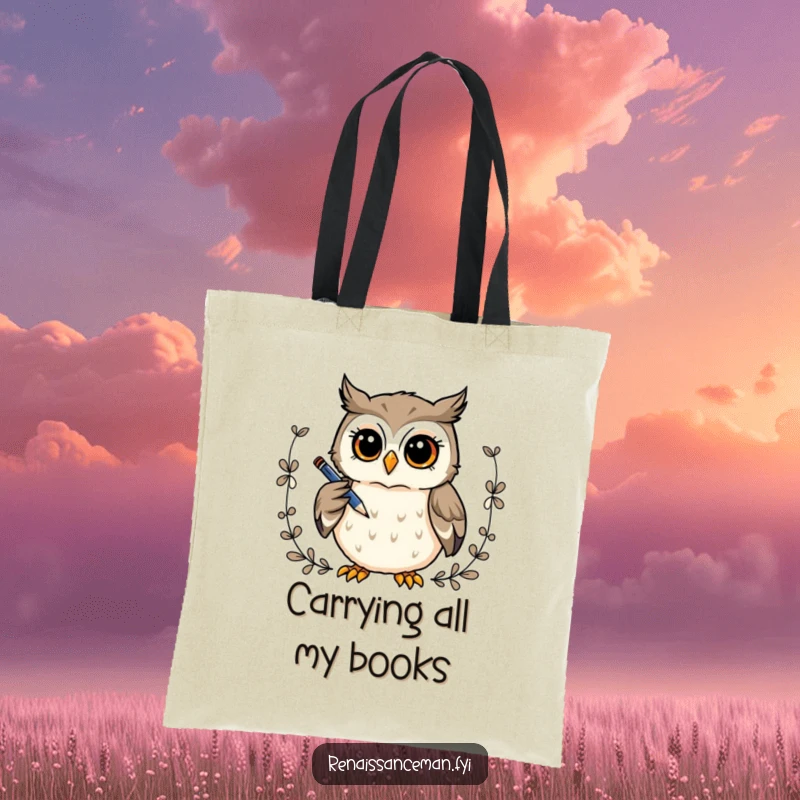Funny tote bag: A curious owl holds a pen, thoughtfully drawing a decorative border, perfect for carrying art supplies.
