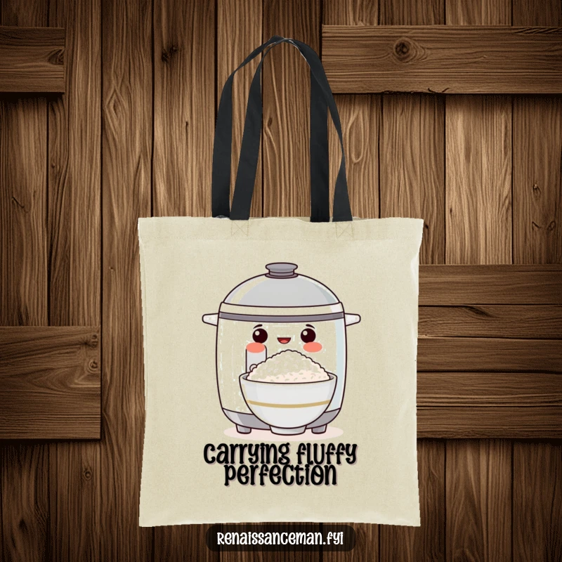 Funny tote bag with a proud rice cooker proudly displaying a perfect bowl of rice, ready for shopping or kitchen duties.