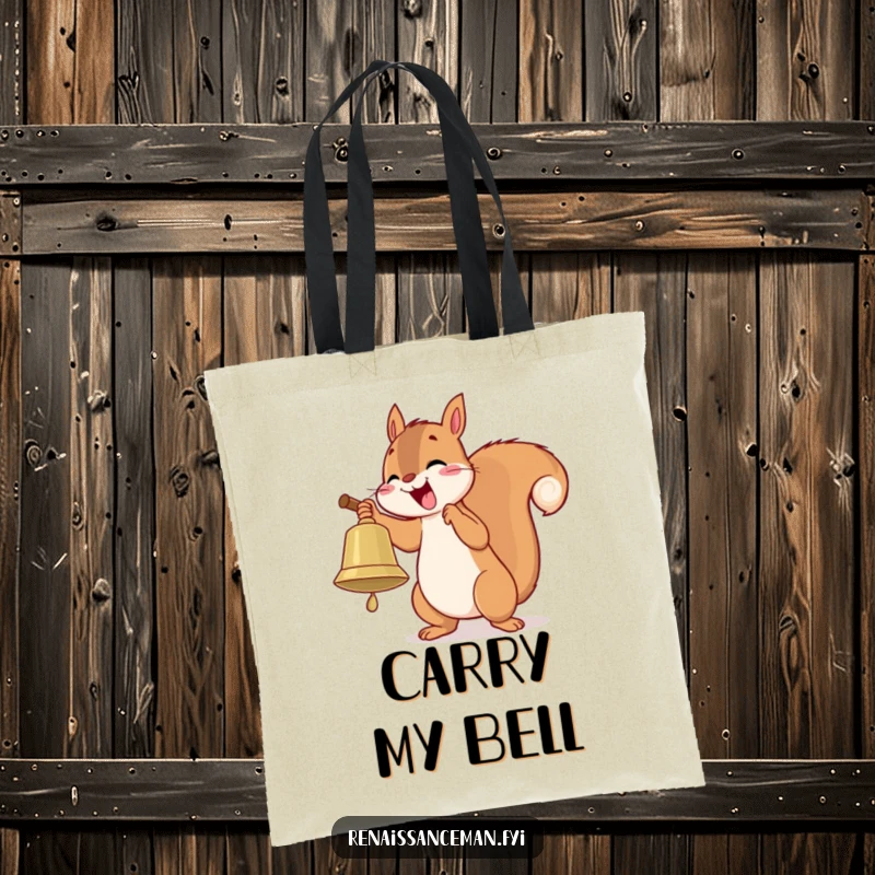 Funny tote bag with a playful squirrel enthusiastically ringing a large bell with pure delight.