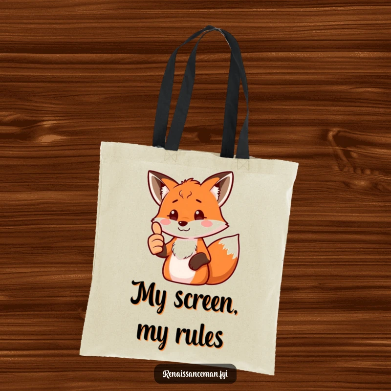 Funny fox tote bag showing a proud fox giving a thumbs up while looking at a screen, great for stylish shopping.