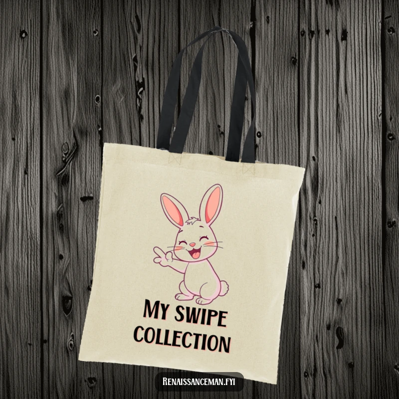 Funny rabbit tote bag with a cheerful rabbit grinning and swiping left, ideal for dating app users.