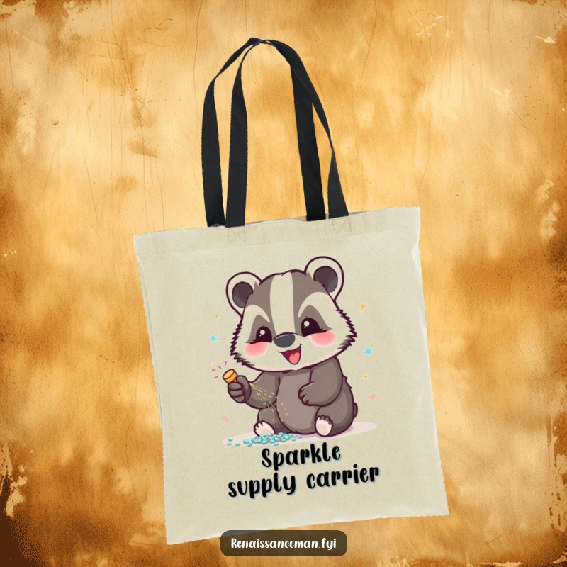 Funny badger glitter tote bag, featuring a delighted badger spreading sparkle, ideal for carrying supplies with a humorous and dazzling flair, great gift.